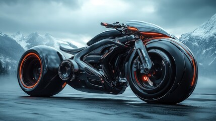 Obraz premium Futuristic black motorcycle on snowy mountain road.