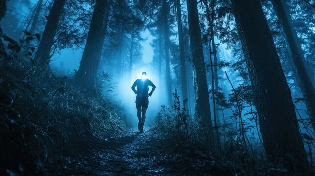 Lone runner in a dark, misty forest at night.