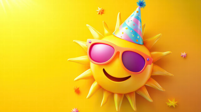 cheerful cartoon sun wearing sunglasses and birthday hat, radiating joy against bright yellow background. Perfect for celebrations and summer vibes