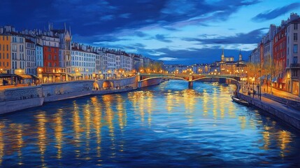 Obraz premium Night cityscape, river, bridge, buildings, lights, reflections.