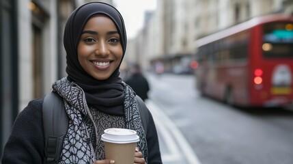 A young woman wearing hijab holding takeaway coffee cup smiles brightly on London street with iconic red bus in background, capturing modern urban multicultural lifestyle.