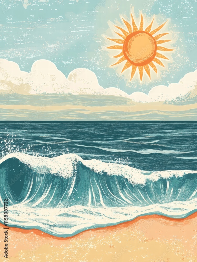 Aufkleber bright sun shining over serene waves and sandy beach with copy space for creative text and design. g