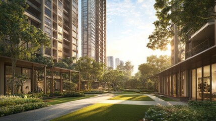 Obraz premium Sunlit pathway between modern apartments and lush green landscaping.