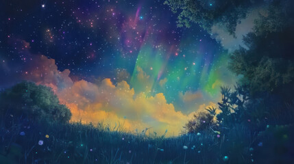 Obraz premium dreamy night sky filled with colorful auroras, twinkling stars, and vibrant clouds creates magical atmosphere over serene landscape. lush greenery and flowers enhance enchanting scene