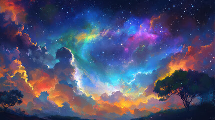 Fototapeta premium dreamy night sky filled with colorful auroras, vibrant clouds, and twinkling stars creates magical atmosphere. scene evokes wonder and tranquility under celestial display