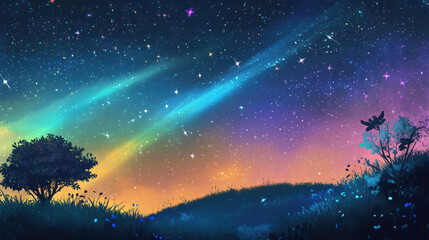 Obraz premium dreamy night sky filled with colorful auroras, twinkling stars, and serene landscape. vibrant colors create magical atmosphere, perfect for stargazing and reflection