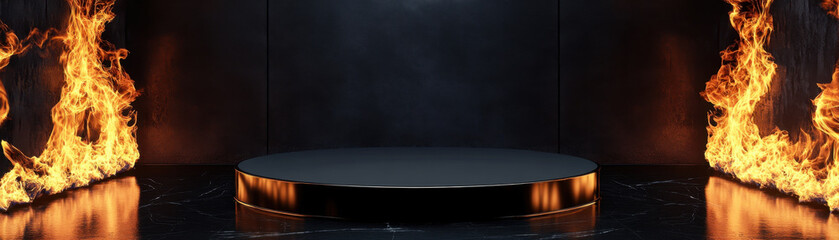 Fototapeta premium black podium on dark floor, surrounded by flames, creates dramatic and intense atmosphere. fiery backdrop enhances visual impact, perfect for showcasing talent or products