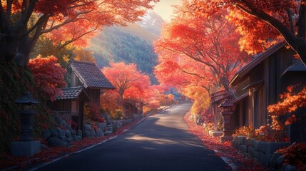 Autumnal road through vibrant red maple trees in a mountain village.