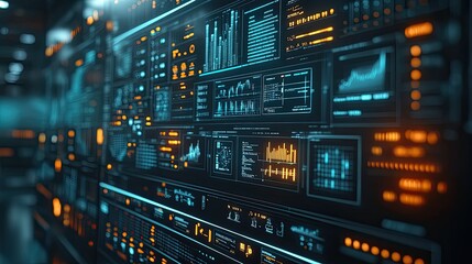 Obraz premium Futuristic digital dashboard displays data analytics, graphs, and charts.