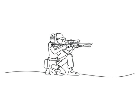 recommend clip art: Continuous line drawing of a kneeling woman aiming a scoped rifle. Minimalist illustration of a female shooter, hunter, or soldier. Single line art for hunting, military, or sport shooting concept