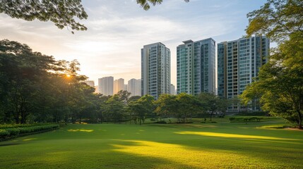 Obraz premium Sunrise over city park with modern highrise buildings.