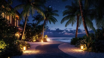 Night scene of tropical beach path.