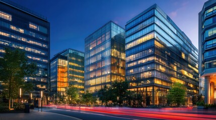 Illuminated modern office buildings at dusk, city street with light trails.