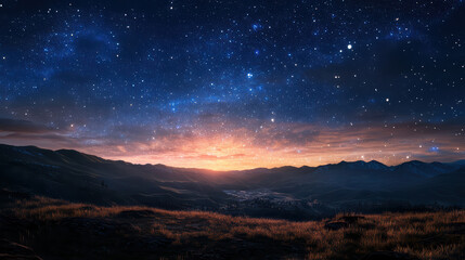 Naklejka premium breathtaking starry night sky over rolling hills at sunset, showcasing vibrant display of stars and serene landscape. beauty of nature evokes sense of wonder and tranquility