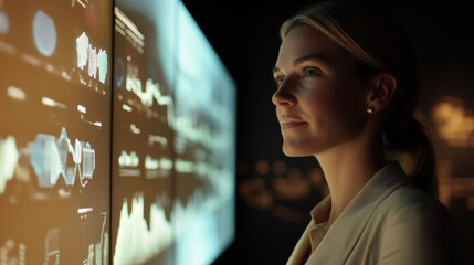 confident businesswoman analyzes data on digital screens, showcasing her expertise and focus in modern office environment