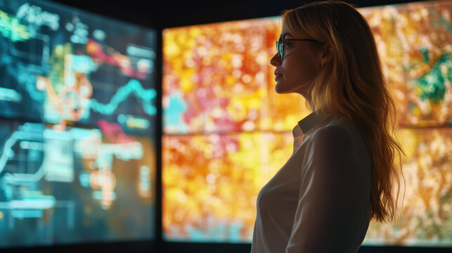 confident businesswoman stands in front of digital screens displaying data visualizations and maps, showcasing her analytical skills and focus on technology