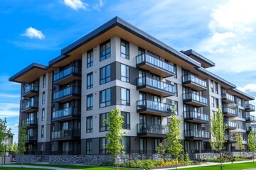 Modern apartment building with balconies, landscaping, and blue sky.