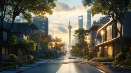 Fototapeta premium Sunrise over modern city street lined with trees and buildings.