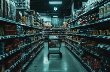 Empty shopping cart in a dimly lit grocery store aisle, stocked with various food products.