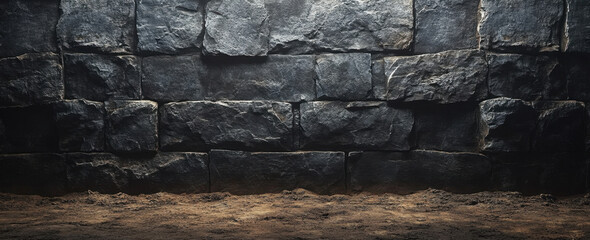 Fototapeta premium dark flat wall made of rough stone blocks, creating rustic and textured background. earthy tones and rugged surface evoke sense of strength and durability