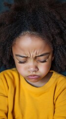 Close-up portrait of a young child with natural curly hair wearing bright yellow sweater showing frustrated or upset expression with furrowed brows and closed eyes.