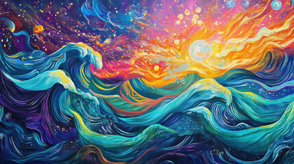 vibrant cosmic ocean with waves of color and light, showcasing stunning interplay of blues, oranges, and purples. This artwork evokes sense of wonder and tranquility