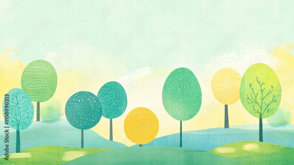 Aufkleber naive art style background featuring vibrant trees and serene landscape with ample copy space for te