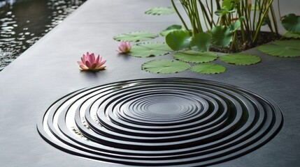 Serene Water Feature with Lotus Flowers and Lily Pads