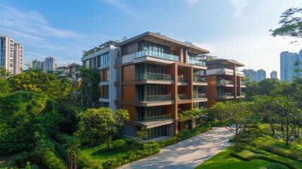 Modern apartment building nestled in lush greenery.