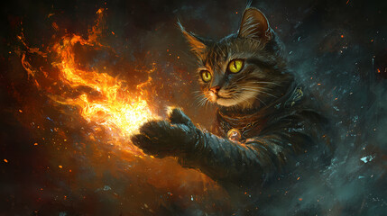 A feline mage its eyes glowing with eldritch fire casting a spell that brings a flickering flame to life the shadows dancing in the mystical light. Eldritch. Illustration