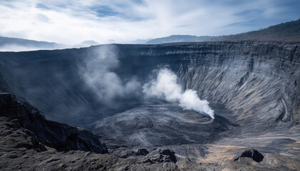 long dormant volcano sunken within vast crater, showcasing dramatic geological features and steam rising from center, evokes sense of awe and mystery