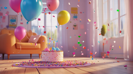 bright and cheerful birthday scene featuring colorful balloons, cake with candles, and confetti scattered around. cozy room adds to festive atmosphere