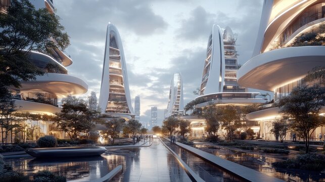 Futuristic city with sleek, curved buildings, water features, and lush landscaping at dusk.