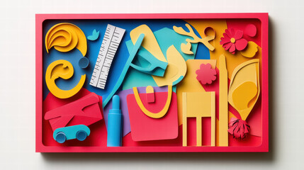 Obraz premium Bright and playful papercut design featuring school essentials like scissors, ruler, and colorful stationery. This vibrant composition evokes creativity and fun in learning