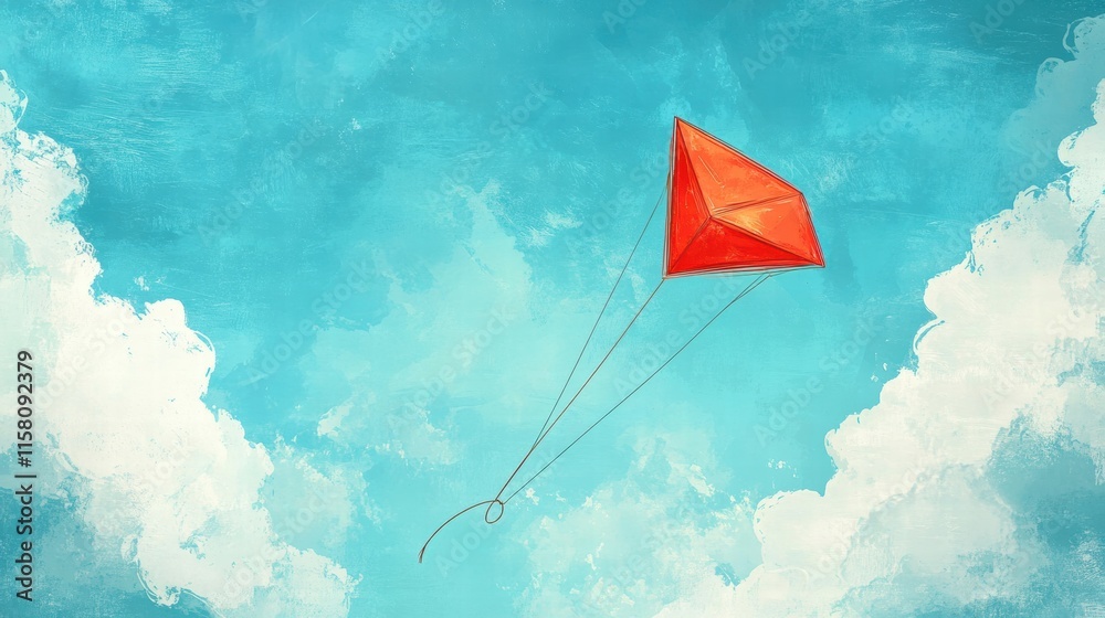 Poster bright red kite flying high in a blue sky with fluffy clouds, perfect for a cheerful background and 