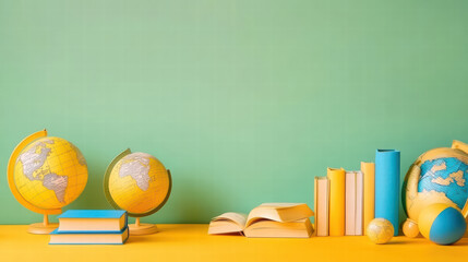 Colorful globes and books on vibrant background create charming back to school theme. Perfect for educational settings, this evokes sense of learning and exploration
