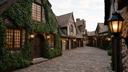 Fototapeta premium charming cobblestone street lined with ivy covered buildings, evoking nostalgia and tranquility