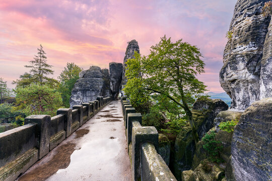 The breathtaking Elbe Sandstone Mountains with the historic Bastei Bridge in Saxon Switzerland National Park, Saxony, Germany
