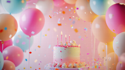colorful birthday backdrop featuring cake with candles, surrounded by balloons and confetti, creates festive atmosphere for celebrations