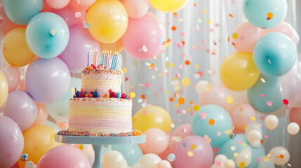 Colorful birthday backdrop with balloons and decorated cake. vibrant scene features multi layered cake topped with candles, surrounded by pastel balloons and confetti, creating festive atmosphere