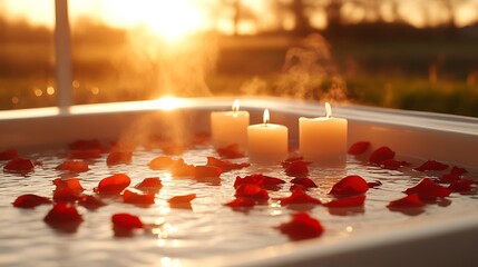 Romantic sunset bath with candles and rose petals.