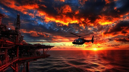 Helicopter flying over an offshore oil rig at sunset; fiery clouds fill the sky. Illustrates energy industry transportation, offshore operations, and dramatic skies.