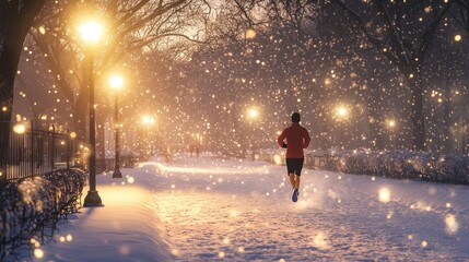 Obraz premium Runner in snowy park at sunset.