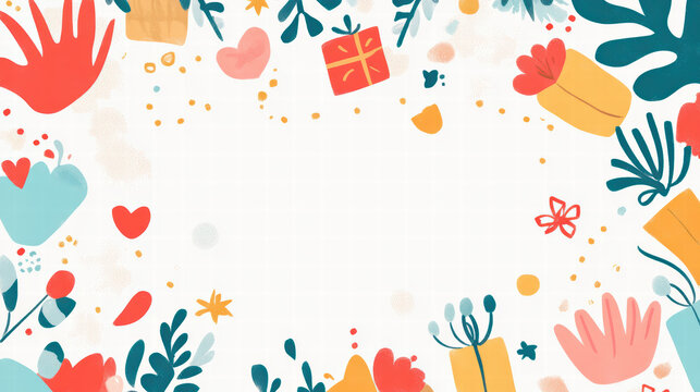 Colorful birthday illustration featuring cheerful gifts, flowers, and hearts, creating festive atmosphere perfect for celebrations and invitations