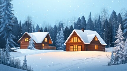 Fototapeta premium Two cozy cabins nestled in a snowy winter forest at twilight.