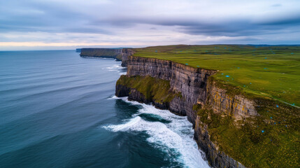 serene coastal cliff at dusk with waves crashing against rocks, showcasing nature beauty