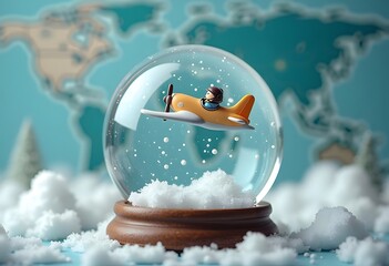Yellow Airplane Snow Globe World Map Winter Scene