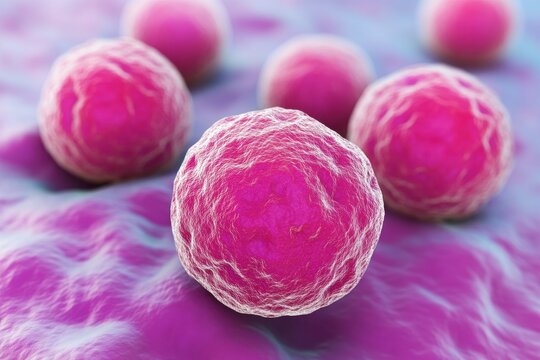 Microscopic view of pink cocci bacteria; Illustrates bacterial infection for medical or scientific use.