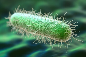 Fototapeta premium Microscopic image of a rod-shaped bacterium with numerous pili. Illustrates bacterial structure for medical, scientific use.