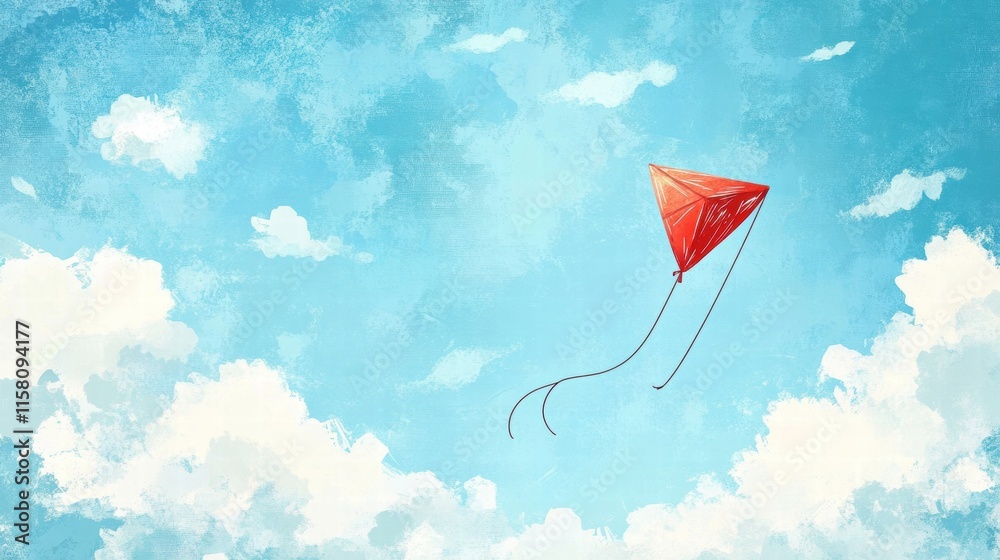 Aufkleber Red kite soaring in a bright blue sky with fluffy clouds creating a perfect backdrop for creativity. Generative AI